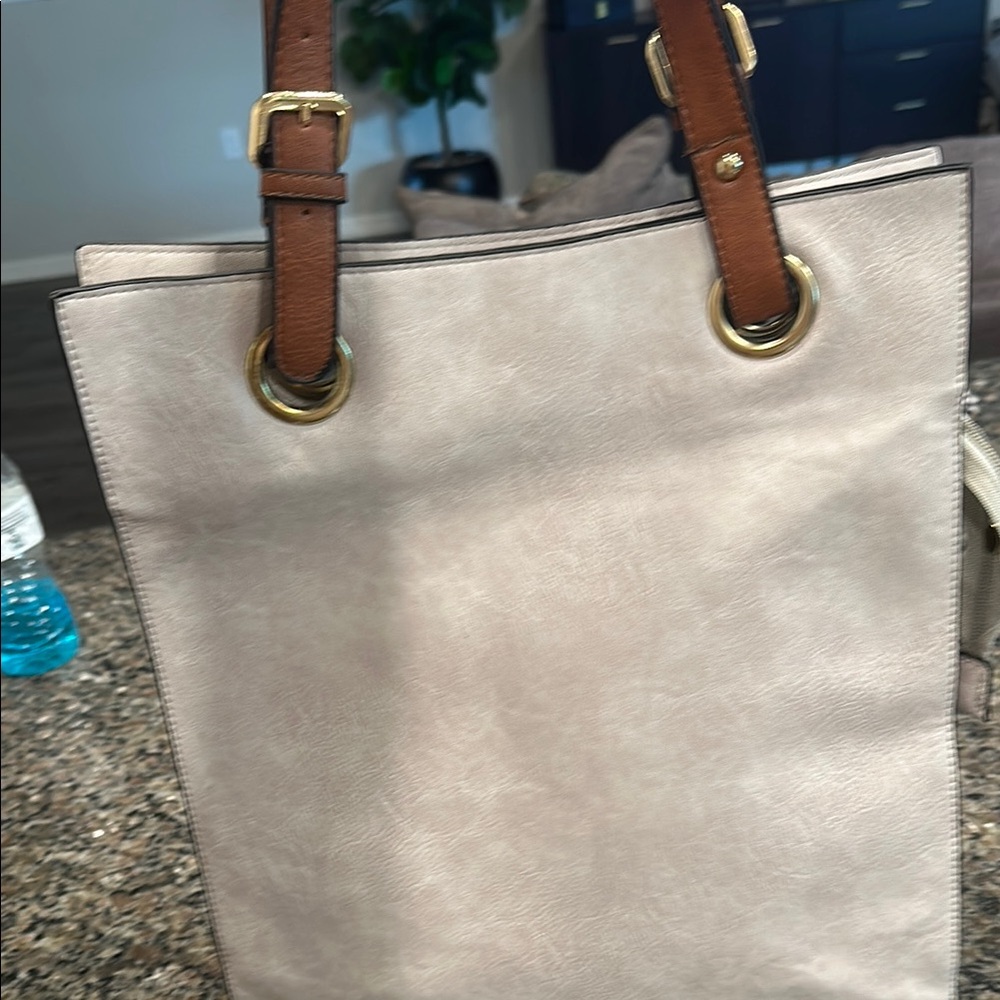 Cream and Tan Canvas Tote Bag with Leather Handles - Picture 6 of 7